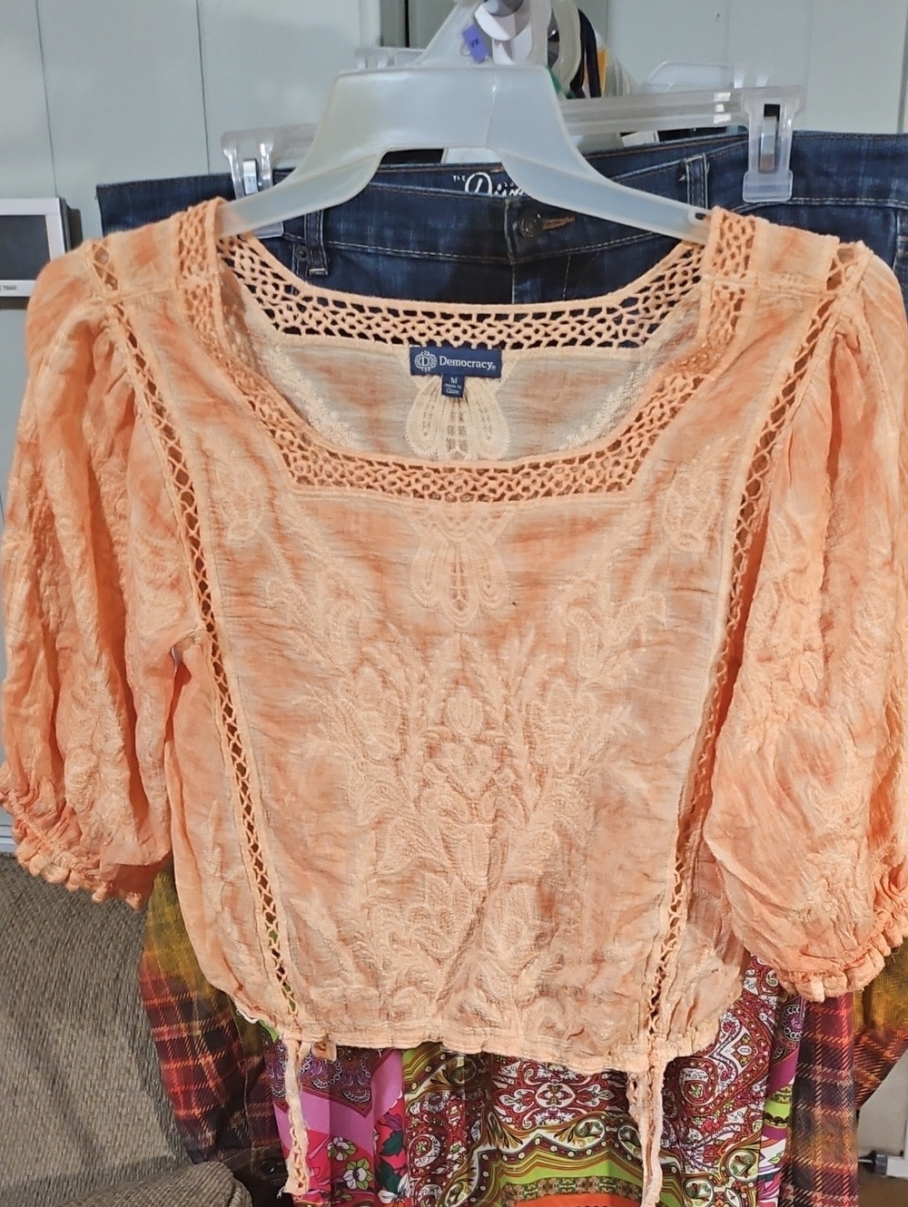 Democracy Peach Crochet-Trim Puff Sleeve Boho Blouse